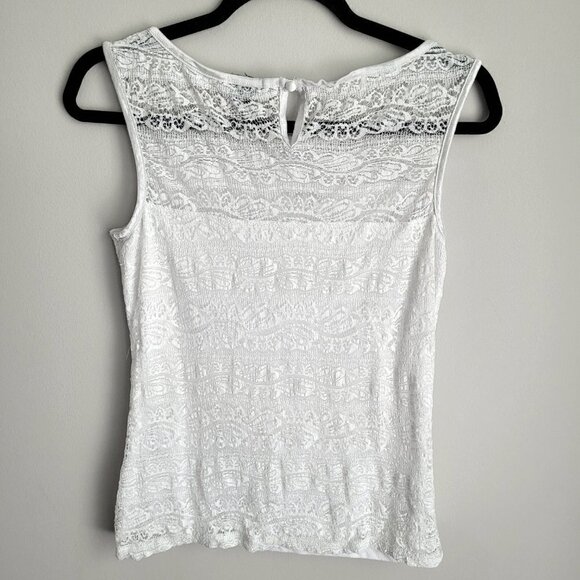 Amisu White Lace Scoop Neck Keyhole Button Vintage Sleeveless Top - Picture 3 of 4
